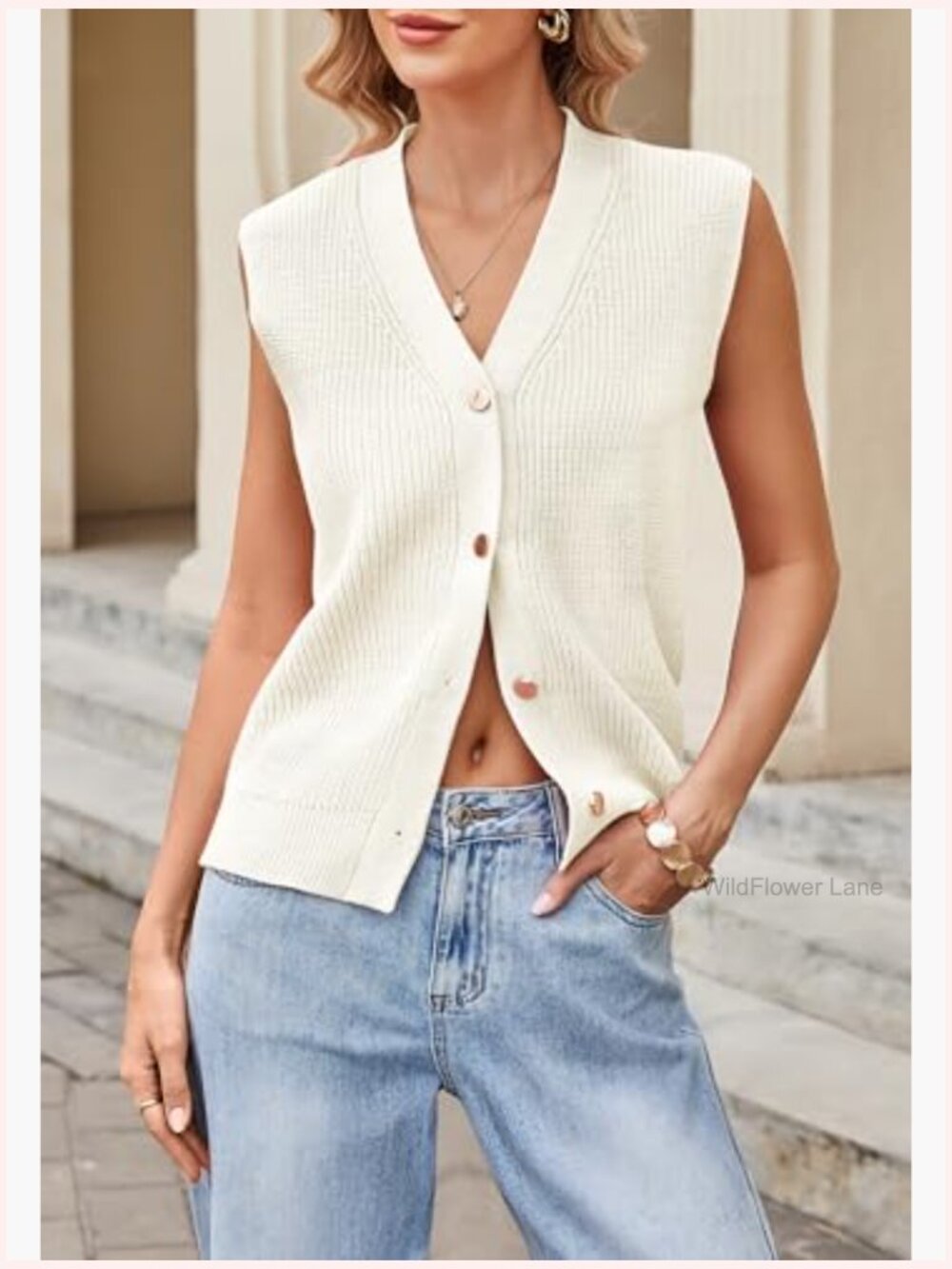 Sleeveless Knit Sweater Vest, Gold Button Cardigan, Summer Layering Top - Picture 2 of 7